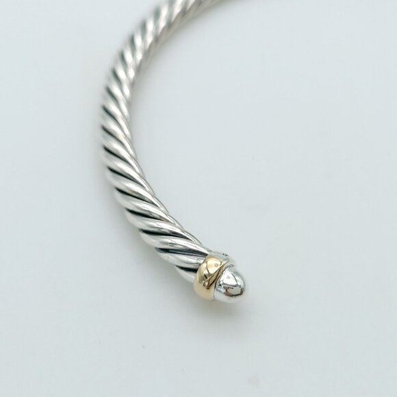 David Yurman Sterling Silver & 14k Gold 4mm Flex Cable Bangle Bracelet 7 Inch - Picture 4 of 9